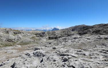 Stony plateau that looks almost like a lunar landscape in the Dolomites mountain range in the European Alps