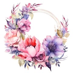 Fototapeta premium Watercolor bouquet round floral wedding frame on transparent background. Generative AI