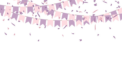 purple pink party flags with confetti falling on transparent background. celebration and birthday. vector illustration