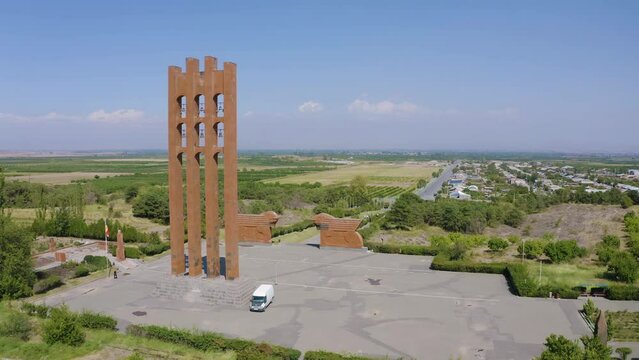 Panoramic drone footage of Sardarapat Memorial on sunny summer day. Araks, Armavir Province, Armenia.