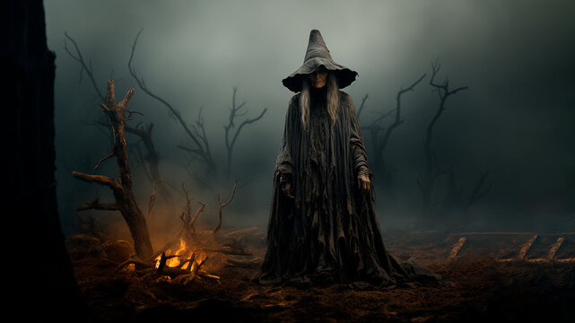 Halloween sinister enchantress. An witch in a forest at night. Generative AI