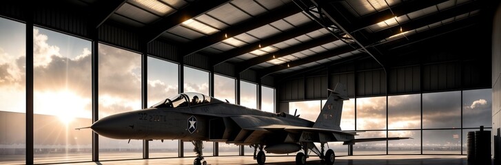 Interior view, a generic military fighter jet, parked, inside a military hangar at sunset. Panoramic banner