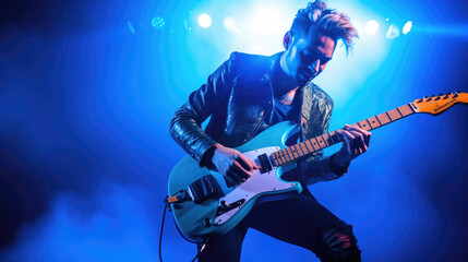 Obraz premium Male musician playing guitar at a rock concert