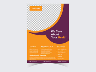 Medical health care flyer brochure template design, flyer template of medical care with white background for text, space for picture and blue wavy lines decoration. vector illustration