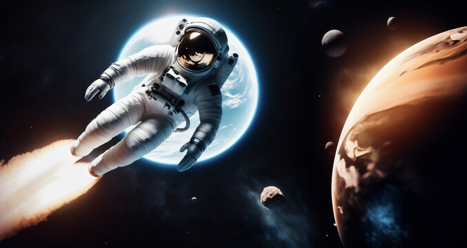 immagine primo piano di astronauti nella tuta spaziale che volano, spazio scuro e pianeti sullo sfondo