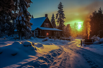 Winter scene with Cabin at sunset  good for ad copy and/or Greeting Card - obrazy, fototapety, plakaty