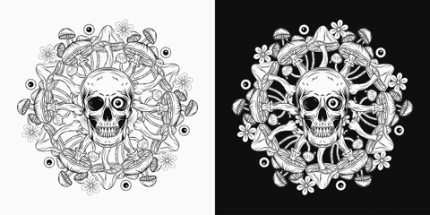 Circular black and white pattern with human skull, colorful mushrooms, chamomiles, eyeballs. Concept of madness, craziness. Surreal illustration for groovy, psychedelic design