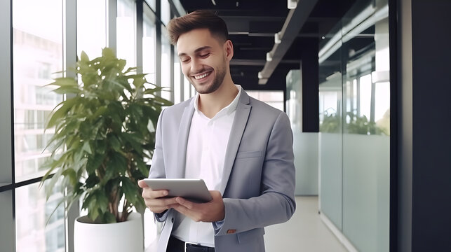 Happy young businessman using tablet standing in modern office at work, smiling executive manager standing in a modern office working online with a digital tablet