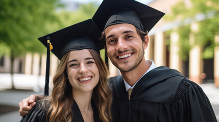 Fototapeta premium Happy smiling graduating friends in an academic gowns standing in front of college