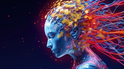 A humanoid robot with color swirling brain motion trails, concept of art, psychology, creativity, imagination, dreams. Generative AI image weber. - obrazy, fototapety, plakaty