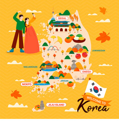 Attractive Korea travel map vector illustration. Traveling in Korea during autumn season