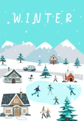 Poster Vector illustration of the winter season. Poster with people and seasonal outdoor activity. © nature line