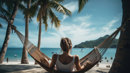 Happy woman lies in a hammock against a backdrop of palm trees and the sea during a vacation