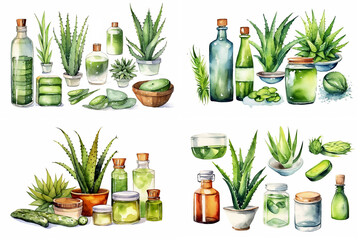 Set of four spa compositions of aloe in watercolor style. Generative AI