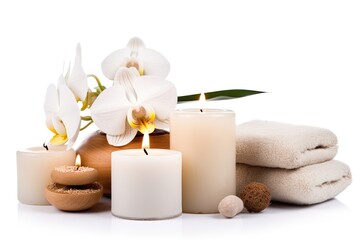 A spa setting with white orchids, candles, and towels