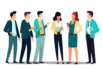 Obraz premium Group of six people in business attire having a conversation. The people are standing in a semi-circle facing each other.