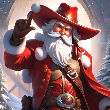 Cool Cowboy Santa Clause spinning snow ball on the end of his pointer finger ready to bring the law to the naughty list