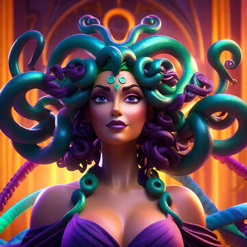 Three-dimensional image of Medusa in antiquity displaying colorful snake hair and gems on forehead of beautiful goddess like woman