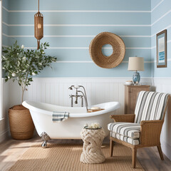 Bathroom in blue and white color, inspired beach design