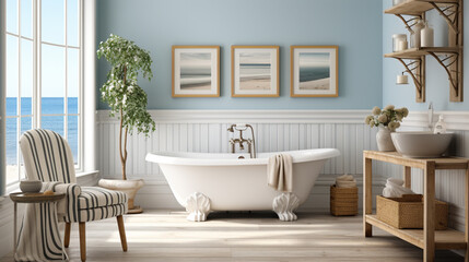 Bathroom in blue and white color, inspired beach design