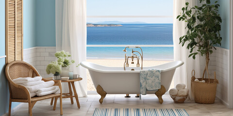 Bathroom in blue and white color, inspired beach design