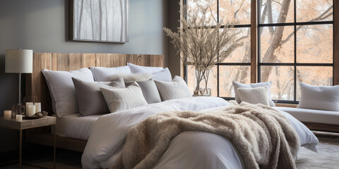 Fototapeta na wymiar Luxurious furnished master bedroom suite, elegant interior design, modern house design concept