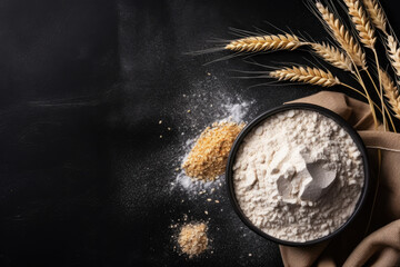 Grain sprinkled flour sits on a table next to a bowl of wheat and a bowl of oats