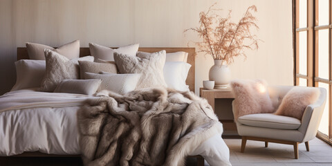 Fototapeta na wymiar Luxurious furnished master bedroom suite, elegant interior design