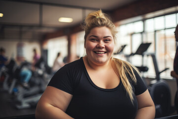 Fototapeta premium Portrait of a plus size smiling woman in sportswear in the gym. Fitness. body positive and sport as lifestyle.