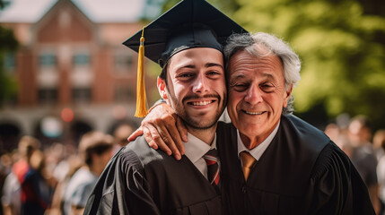 Happy smiling graduate hugs his parent after the graduation ceremony.