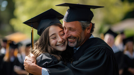 Fototapeta premium Happy smiling graduate hugs his parent after the graduation ceremony.