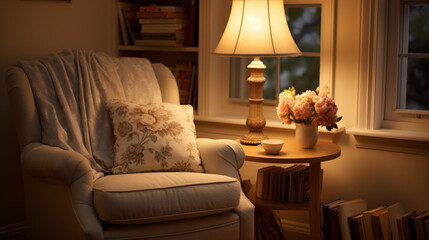 Cozy reading nook plush armchair, bookshelf filled with books of all genres, reading time, elegant interior design