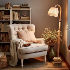 Cozy reading nook plush armchair, bookshelf filled with books of all genres, reading time, elegant interior design