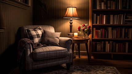 Cozy reading nook plush armchair, bookshelf filled with books of all genres, reading time, elegant interior design