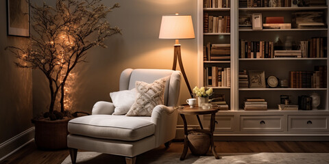 Cozy reading nook plush armchair, bookshelf filled with books of all genres, reading time, elegant interior design