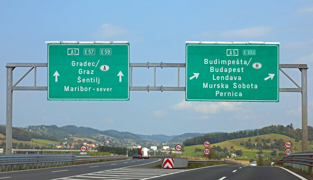 road signs in the crossroads to Austria or to Hungary with place names