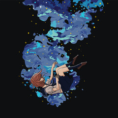 vector illustration of a school girl drowning at the bottom of the dark sea