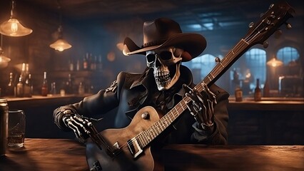 Halloween skeleton guitarist playing in an old west saloon at night, wearing a cowboy hat and leather jacket - obrazy, fototapety, plakaty
