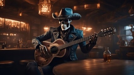 Halloween skeleton guitarist in action at an old west saloon, wearing a black leather cowboy hat and jacket