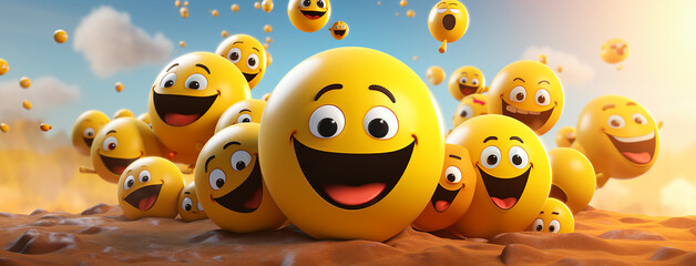 Yellow balls in different sizes with smiling faces. 