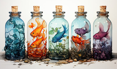 Obraz na płótnie Canvas Watercolor, glass bottles with fish, on a white background.