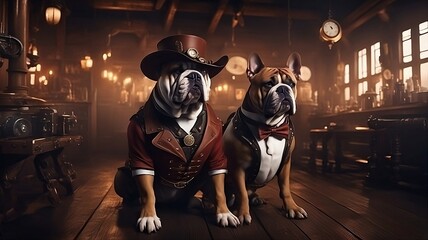 Fototapeta na wymiar Bulldogs dressed for the old Wild West, in a steampunk workshop