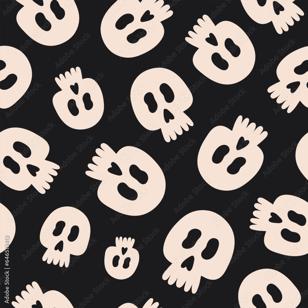 Poster Simple minimal seamless pattern with beige skulls on a black background. Abstract halloween print design.  Vector illustration