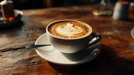 Cup of coffee latte with a heart shape and coffee beans on an old wooden background
