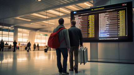 Two friends in airport looking to flight timetable