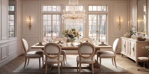 Luxurious furnished dining room, glamour dining area, elegant interior design