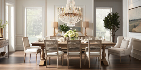 Luxurious furnished dining room, glamour dining area, elegant interior design
