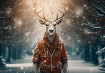 A deer stands on a snowy forest glade, dressed in a red jacket and scarf. This concept captures the magic of a winter idyll and the anticipation of Christmas and New Year holidays.