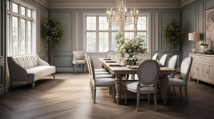 Luxurious furnished dining room, glamour dining area, elegant interior design