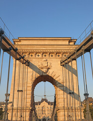 Naklejka premium Chain Bridge in Budapest, the capital of Hungary in central Europe, photographed from below
